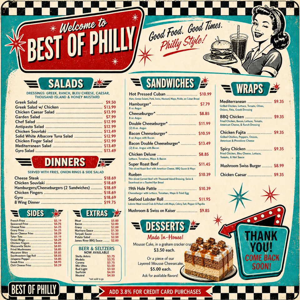 Menu page with sandwiches, dinners, sides.