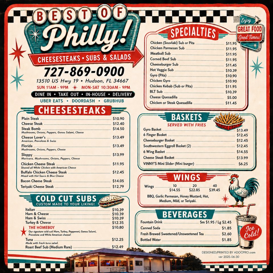 Cheese steak and fries listed on the menu.